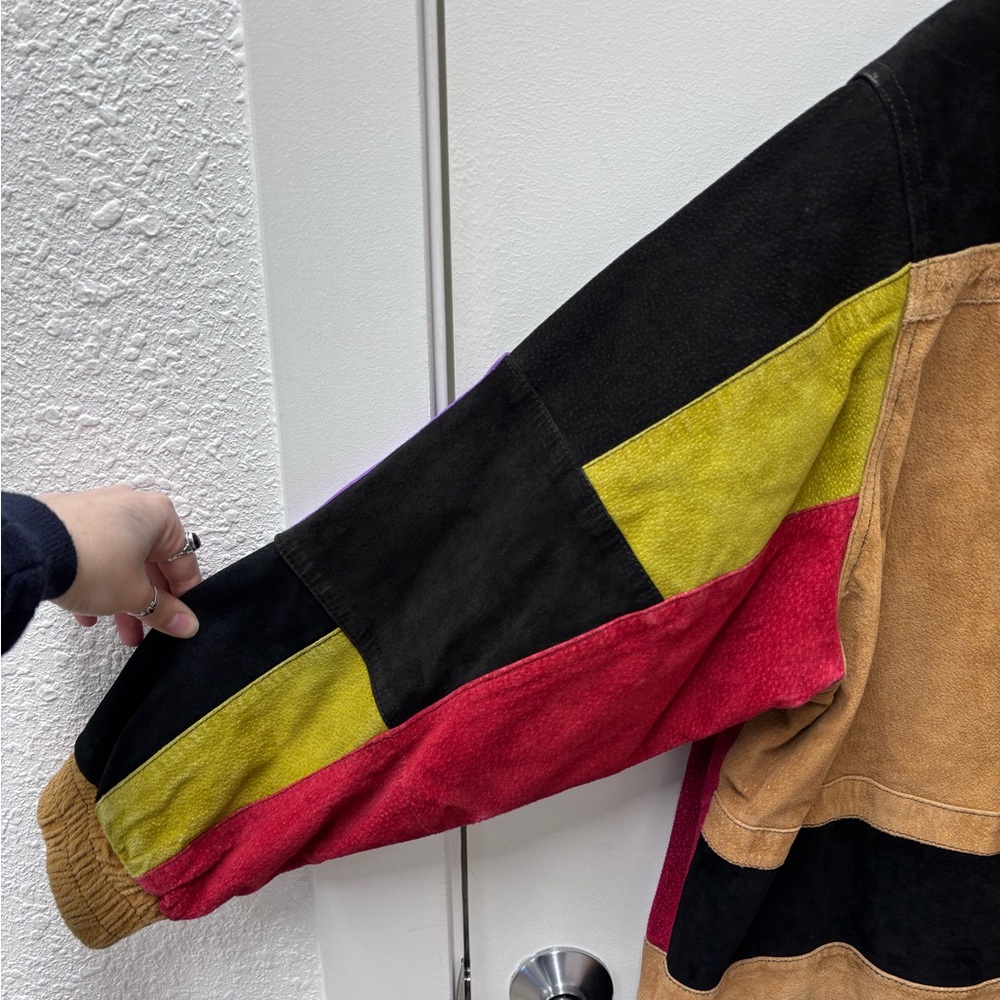 Vintage 1980s Roaman's Color-Block Long Suede Geometric Jacket - Picture 8 of 9